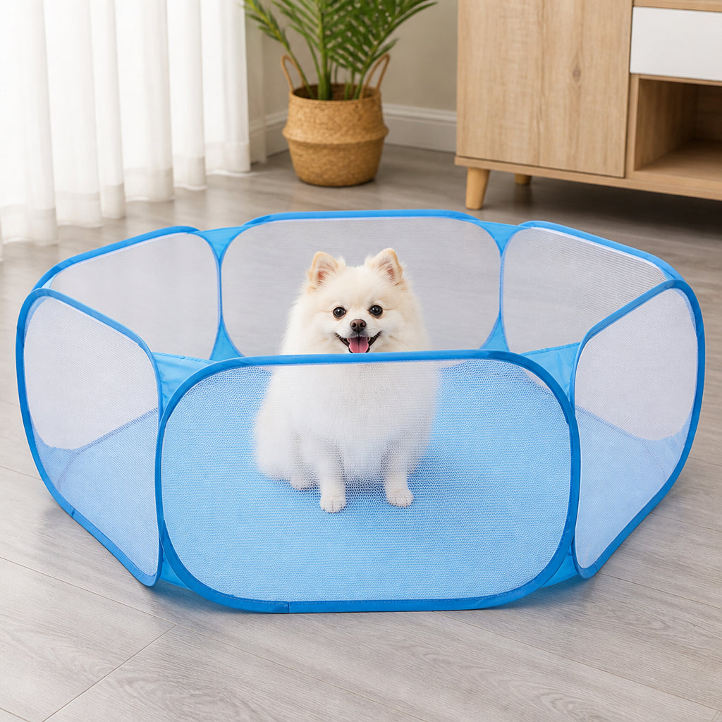 Petmarlow Foldable Pop-Up & Breathable Mesh Pet Playpen – blue