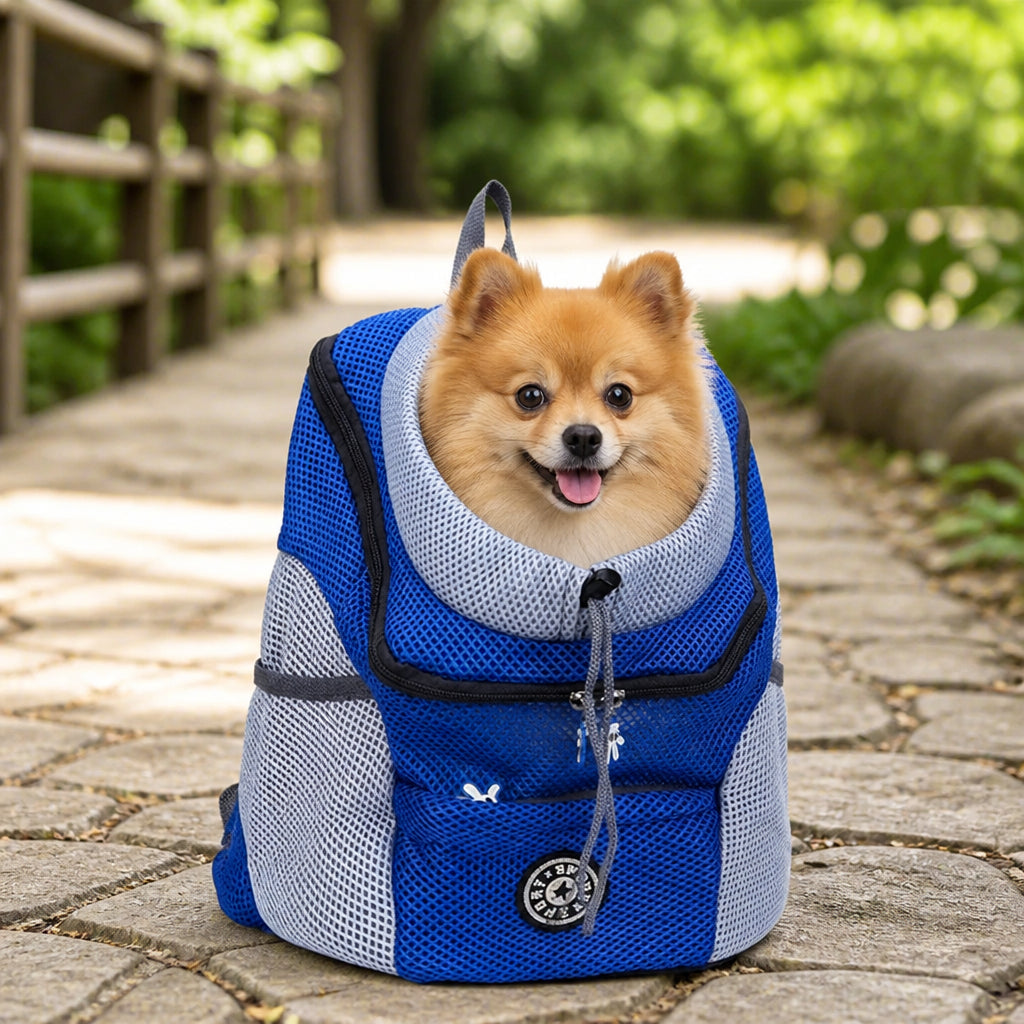 Petmarlow Hands-Free & Safety Lock Oxford Mesh Dog Carrier Backpack (Machine-Washable) – Blue with Bowl / S - 11.8 × 13.4 × 6.3 in