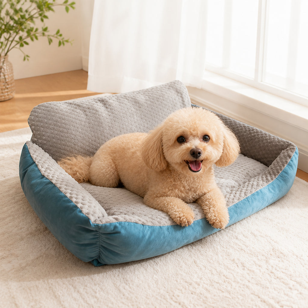 Petmarlow High-Back Extra Thick Plush Pet Sofa Bed (Washable Cover) – Grey Blue / S - Up to ~12 in