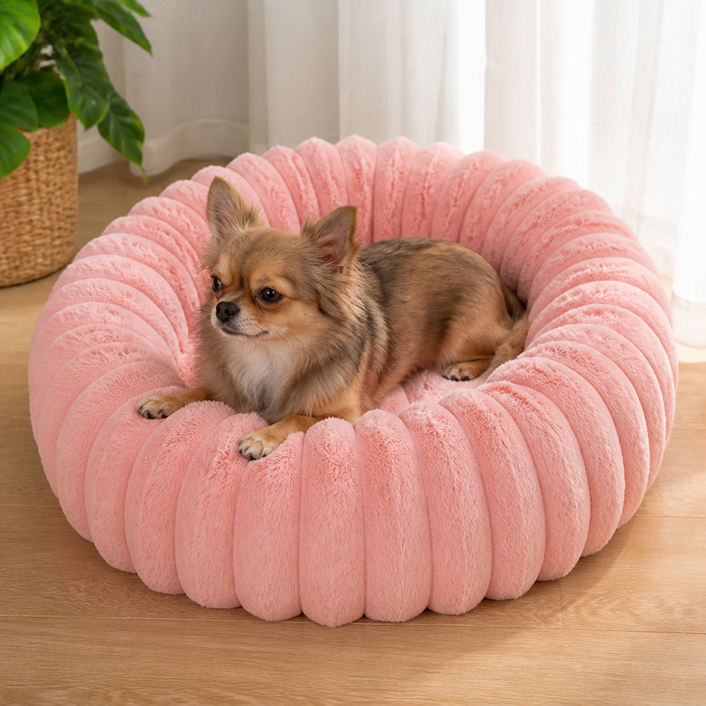 Petmarlow Long-Pile Plush & Insulated Round Dog Bed (For Small Dogs & Cats)