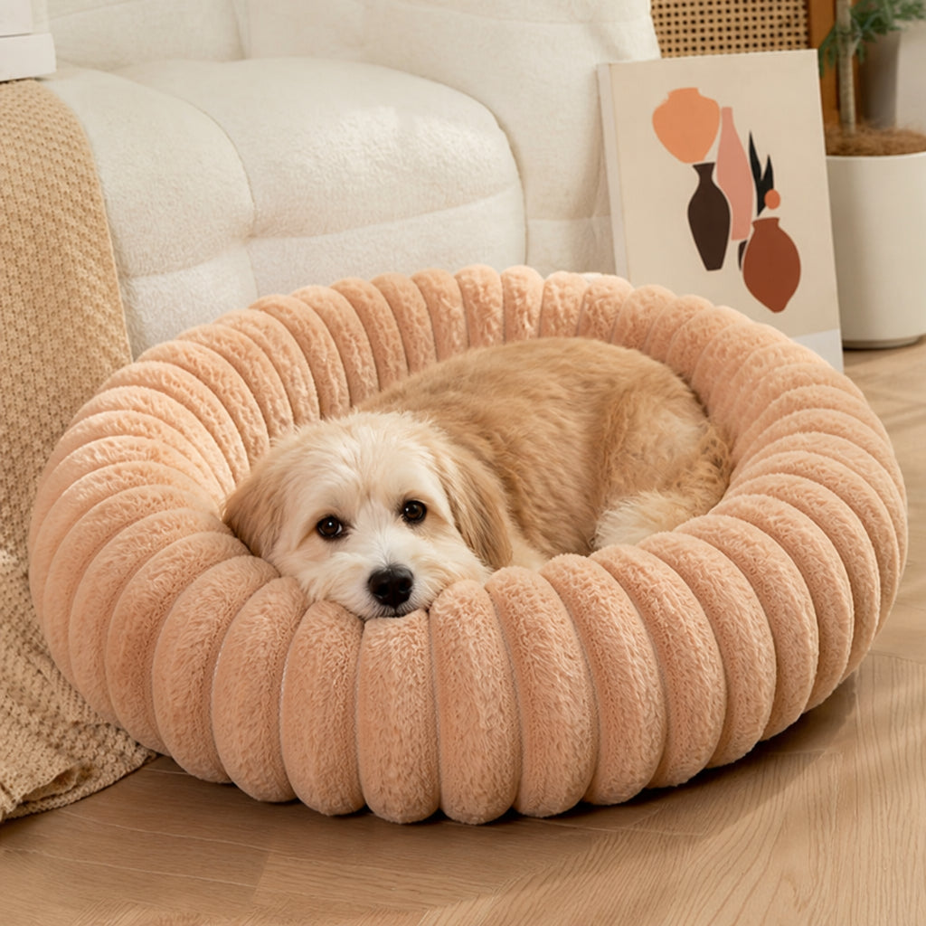 Petmarlow Long-Pile Plush & Insulated Round Dog Bed (For Small Dogs & Cats) – Khaki / S: 19.6inch