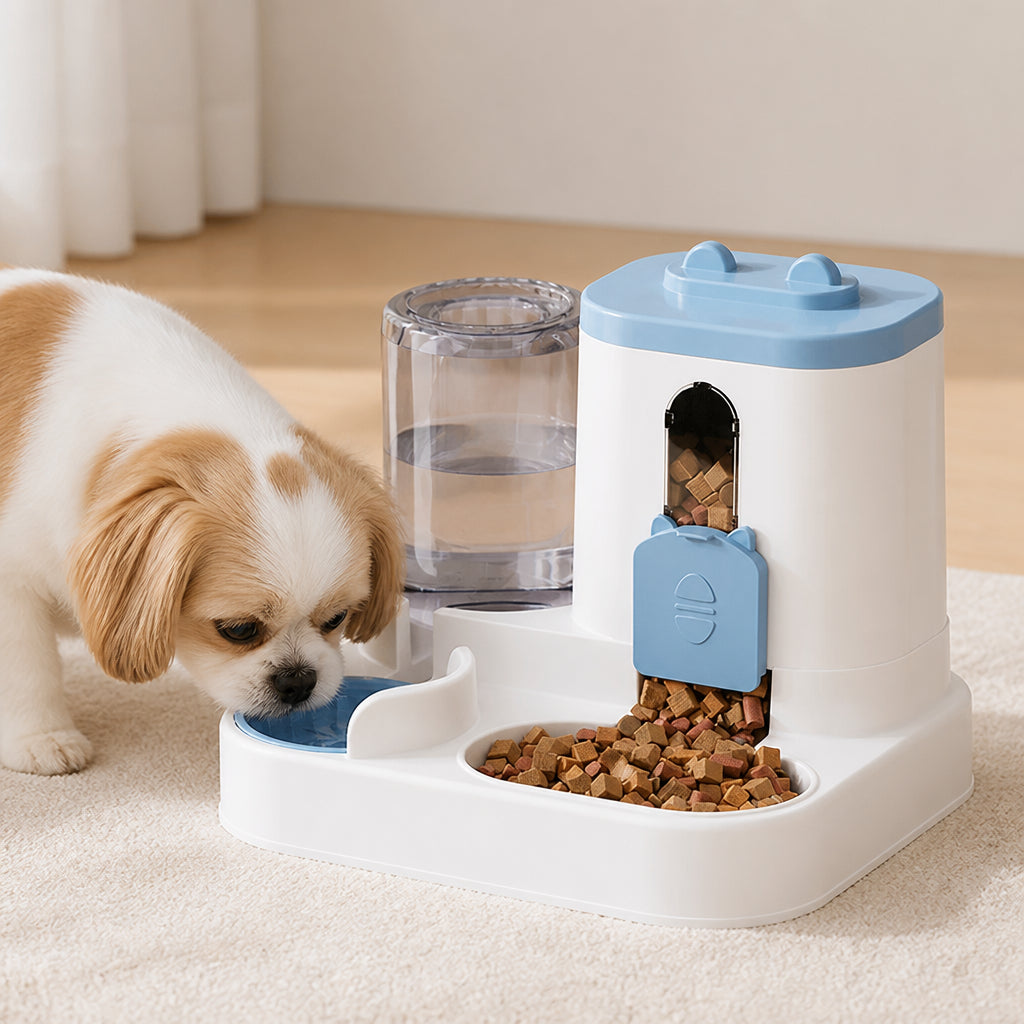 Petmarlow Non-Electric Dual-Bin Spill-Proof Feeder & Waterer – Blue / 9.8 × 9.1 × 7.9 in