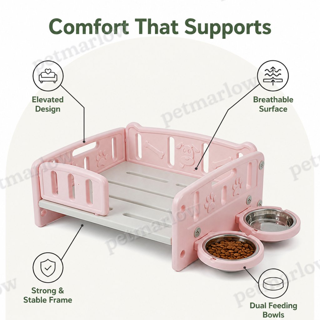 Petmarlow Orthopedic Elevated Entry & Calming Plush Pet Sofa (Includes Bowl) – view 4