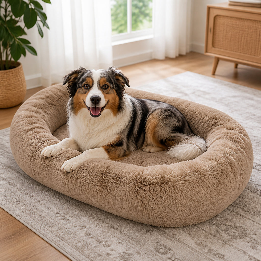 Petmarlow Orthopedic & Washable Faux Fur Human Dog Bed (Detachable Cover) – Khaki / Standard - 70"L x 44"W x 11"Th