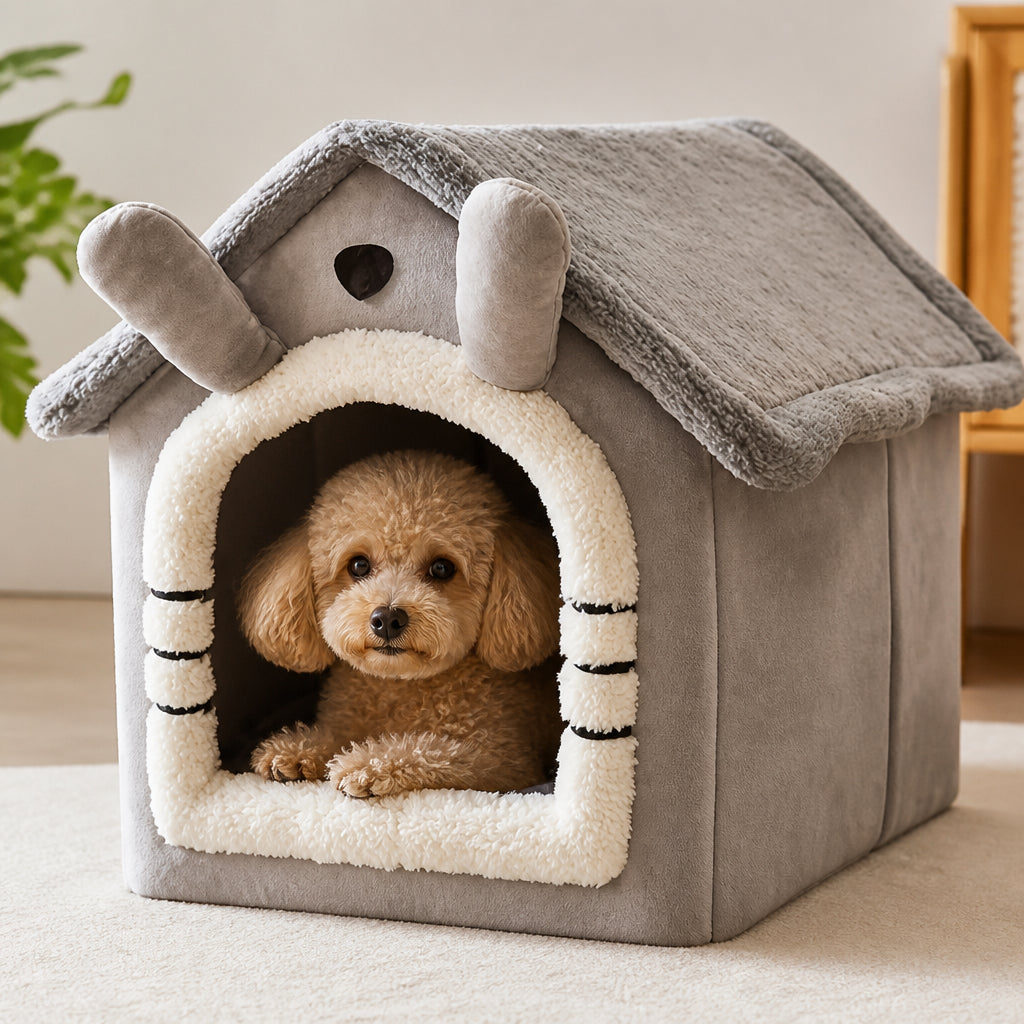 Petmarlow Plush & Insulated Pet Cave Bed (Removable Cushion) – Gray rabbit / 13 × 11.8 × 12.6 in.