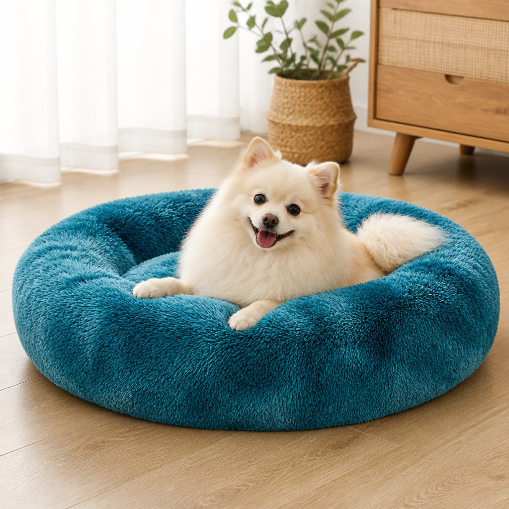 Petmarlow Plush Long-Pile Tie-Dye Round Dog Bed – tie-dye created-sapphire blue / S 15.75inch