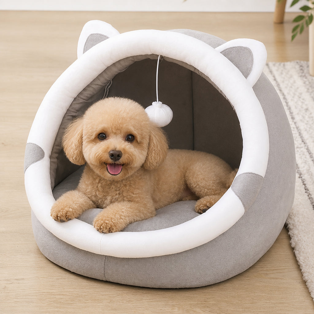 DogBedHouse Plush Polyester & Washable Pet Cave Bed – S