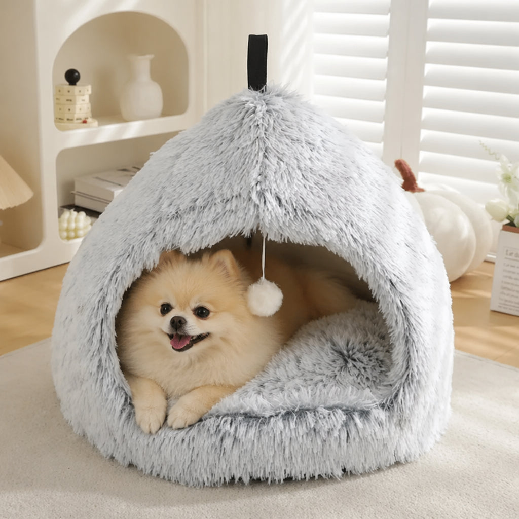 Petmarlow Plush Velvet & Non-Slip Pet Bed (Includes Hanging Balls) – gradient gray / S - 17.7 × 17.7 × 15.0 in