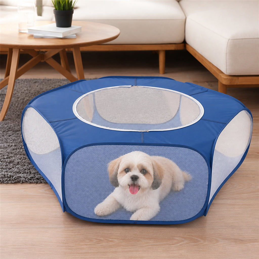 Petmarlow Pop-Up & Foldable Transparent Mesh Pet Playpen (Water-Absorbing Liner)