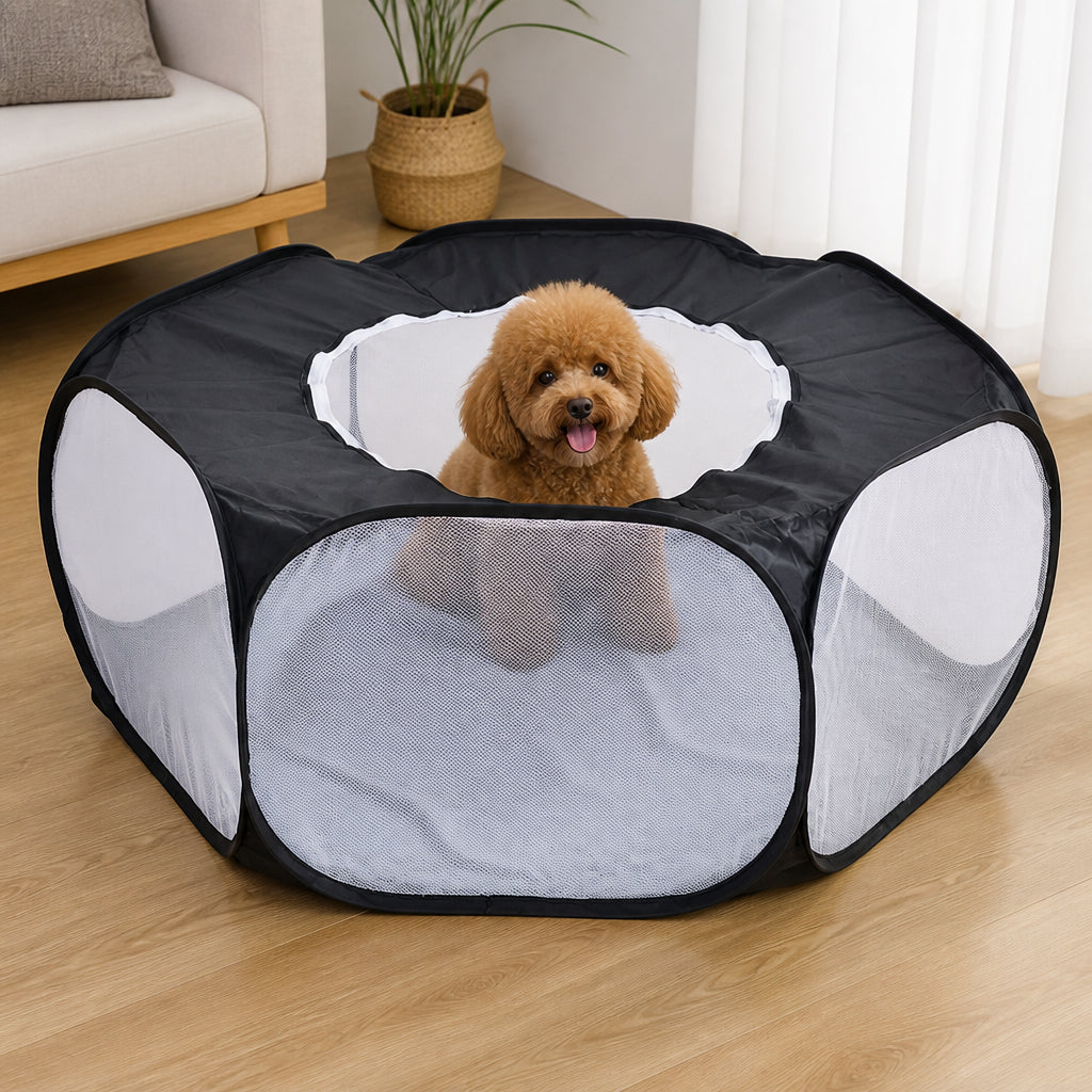 Petmarlow Pop-Up & Foldable Transparent Mesh Pet Playpen (Water-Absorbing Liner) – Black