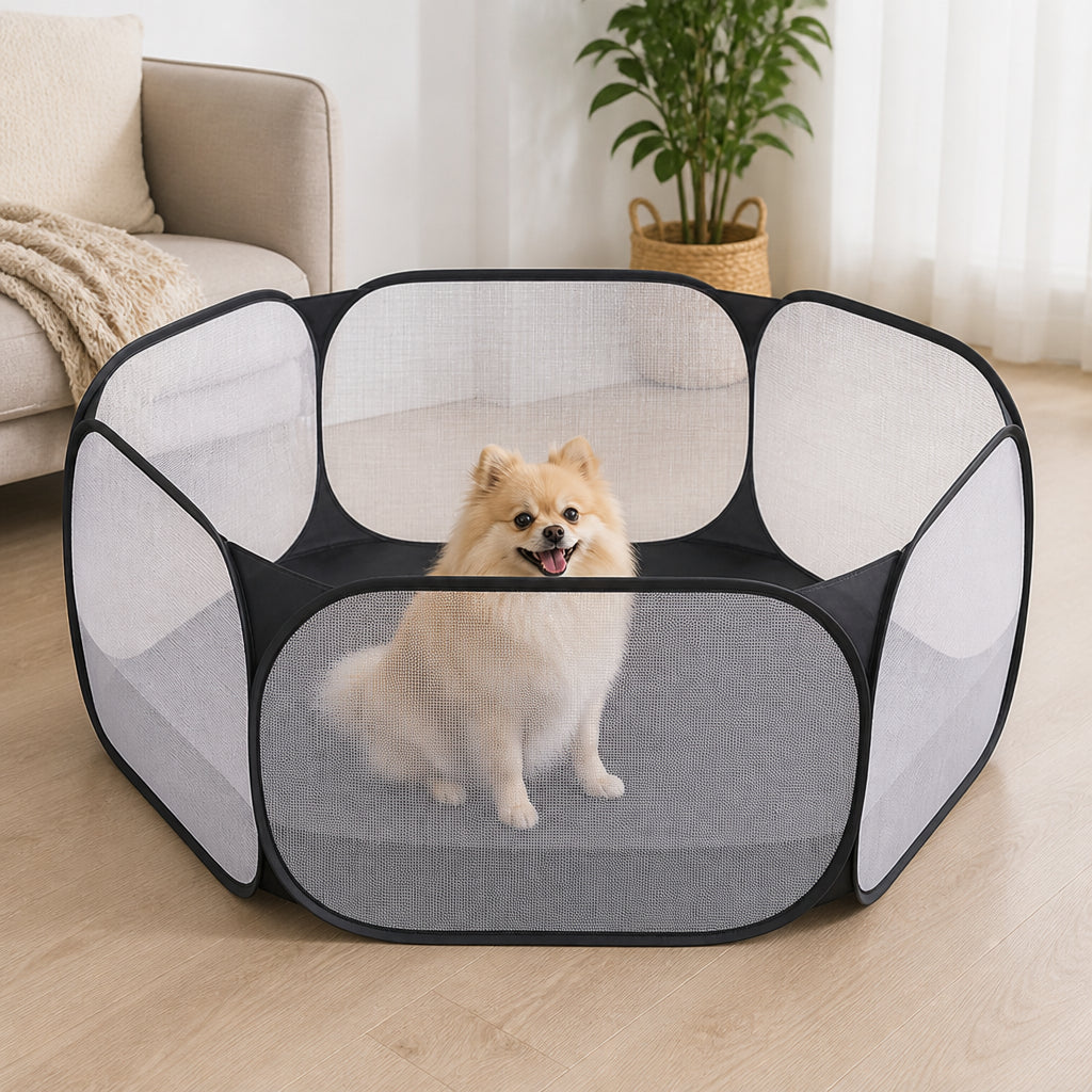DogBedHouse Pop-Up Transparent Pet Playpen – black