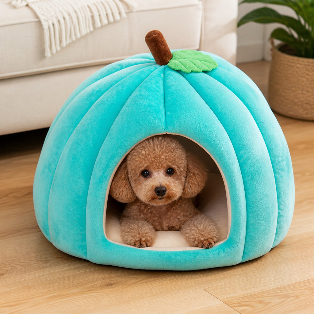 Petmarlow Pumpkin-Shaped Plush PP Cotton & Non-Slip Pet House (Removable Cushion)