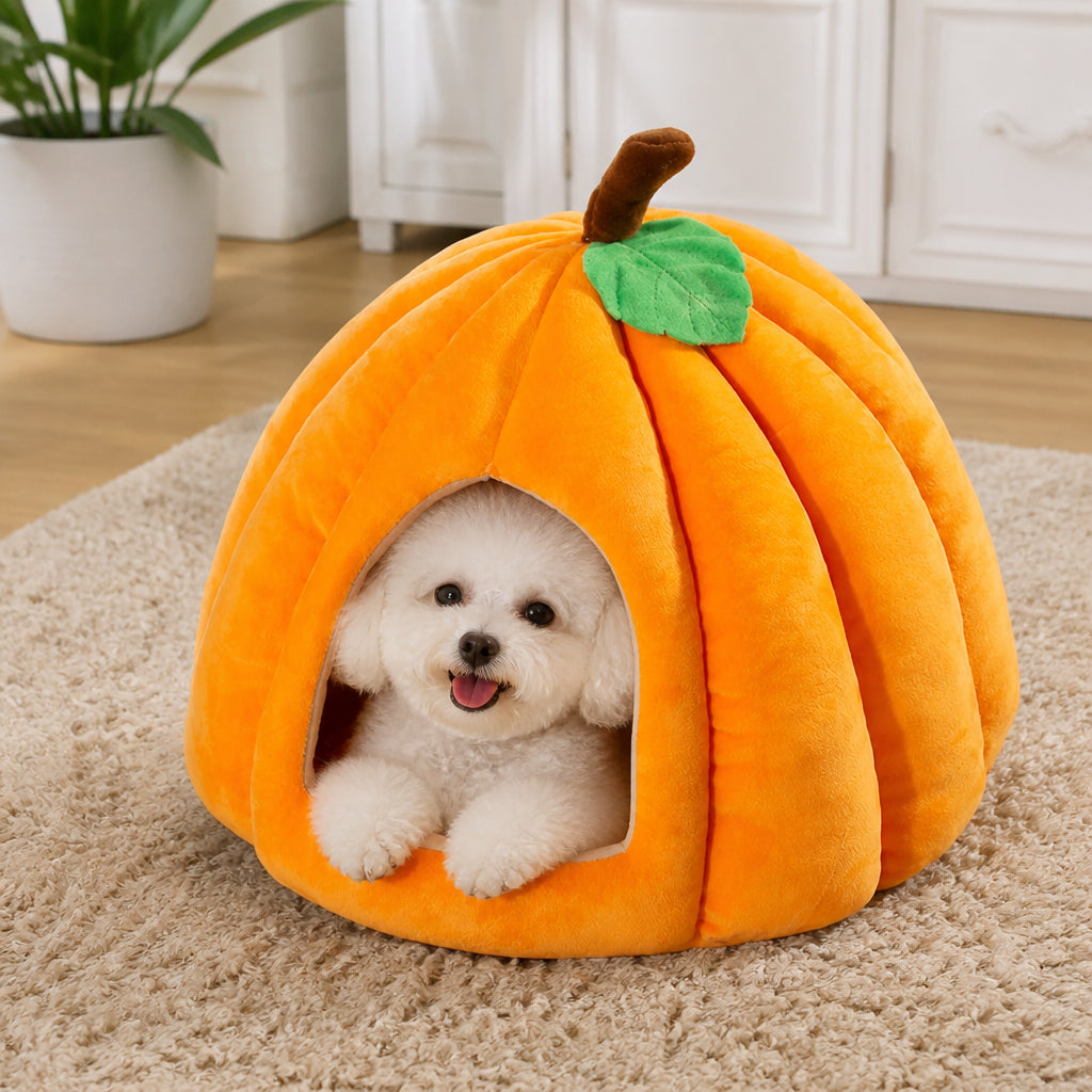 Petmarlow Pumpkin-Shaped Plush PP Cotton & Non-Slip Pet House (Removable Cushion) – Orange