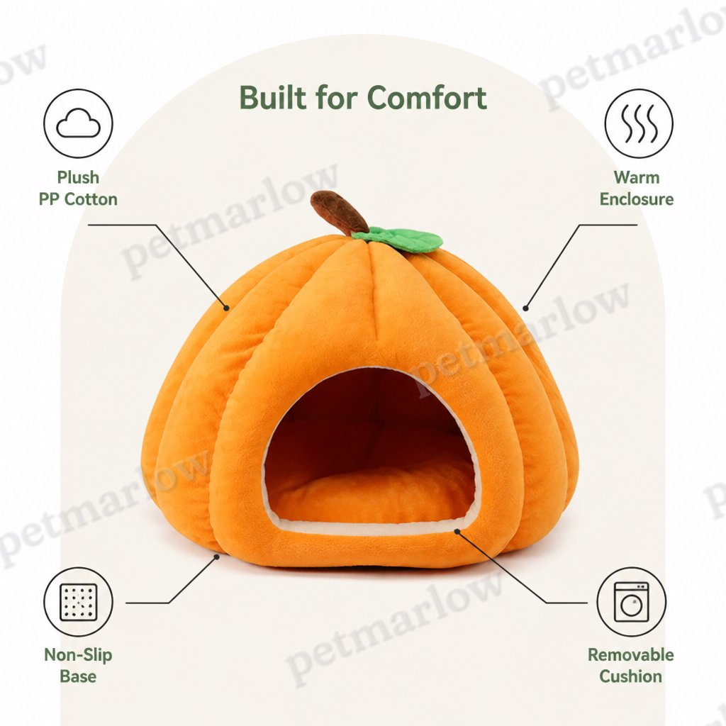 Petmarlow Pumpkin-Shaped Plush PP Cotton & Non-Slip Pet House (Removable Cushion) – view 5