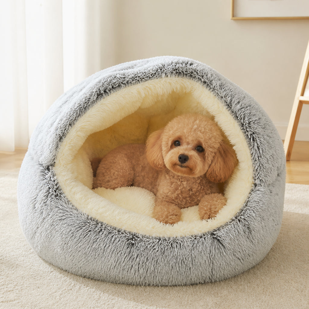 Petmarlow Self-Heating Plush Semi-Enclosed Round Pet Bed (2-in-1 For Cats & Puppies)