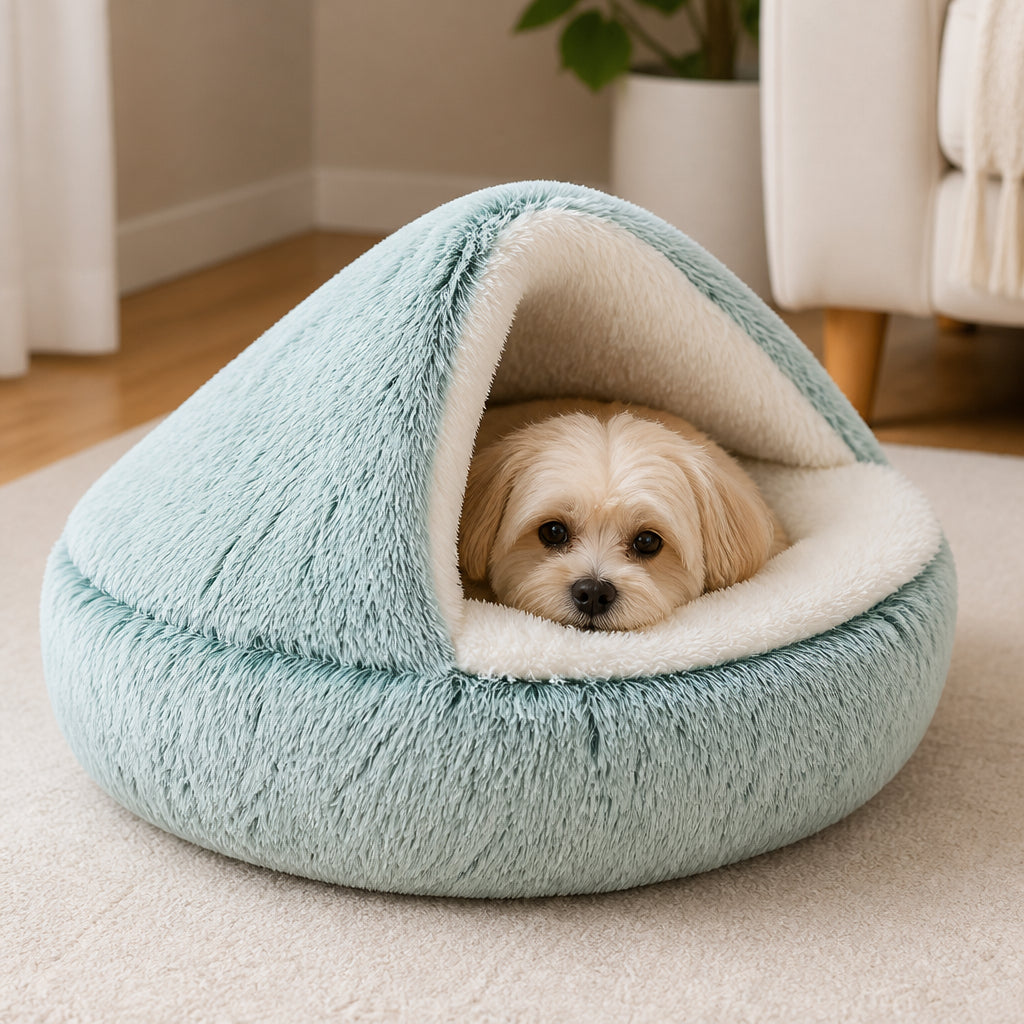 Petmarlow Self-Heating Plush Semi-Enclosed Round Pet Bed (2-in-1 For Cats & Puppies) – Green plush / S - 15.7 × 15.7 in