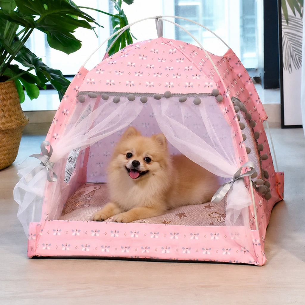 Petmarlow Semi-Enclosed Breathable Mesh & Non-Slip Pet Tent – Pink / M - 14.2 × 14.2 × 14.6 in