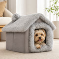 DogBedHouse Semi-Enclosed Plush Cat Bed (Removable Non-Slip Base) – Grey / S 13.78x12.2x12.99inch
