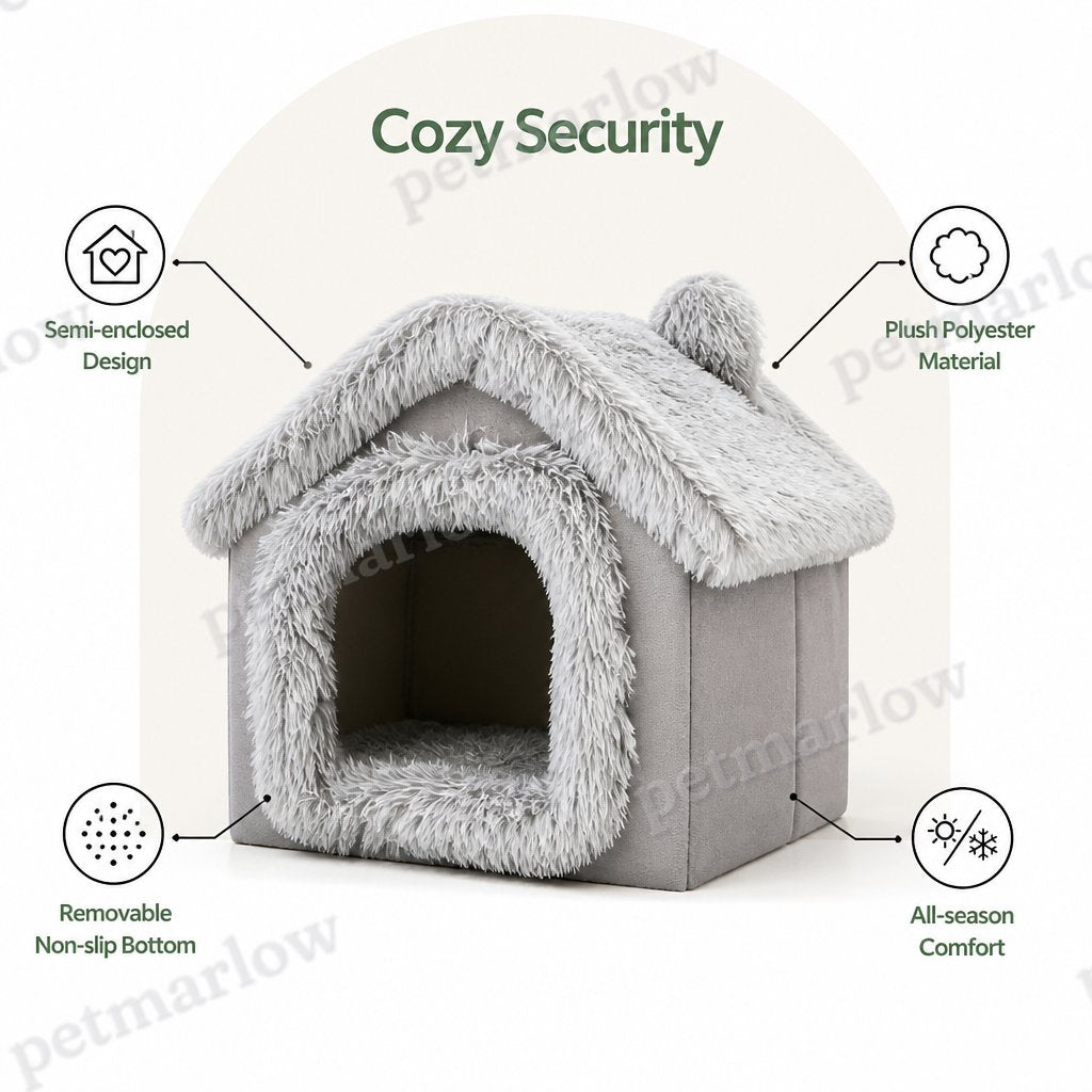 DogBedHouse Semi-Enclosed Plush Cat Bed (Removable Non-Slip Base) – view 4