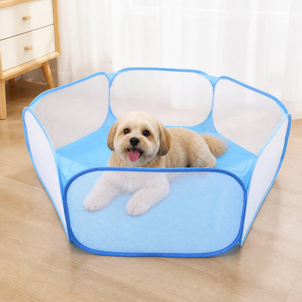 Petmarlow Transparent Foldable Pet Playpen (Chemical-Free Cotton) – Blue