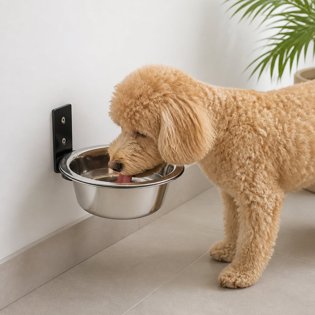 DogBedHouse Wall-Mounted Elevated Stainless Steel Pet Bowl – 6.5 × 6.5 × 2.4 in