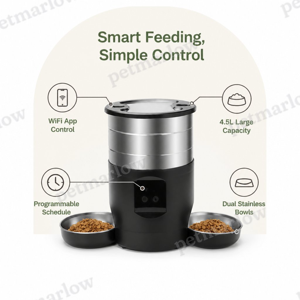 Petmarlow WiFi & Button Programmable Pet Feeder (4L, Stainless Bowls) – view 6