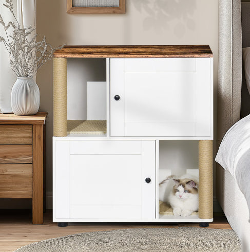 Double Cat Litter Box Enclosure with Shelves – WhiteVintage