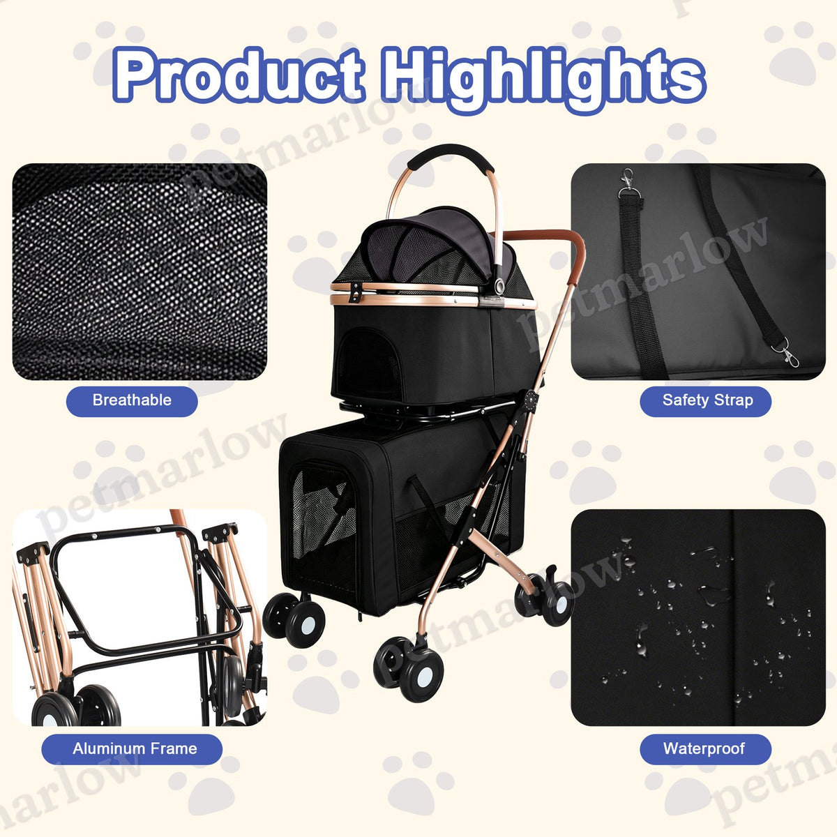 Double Pet Stroller for Dogs and Cats with Convertible Carrier
