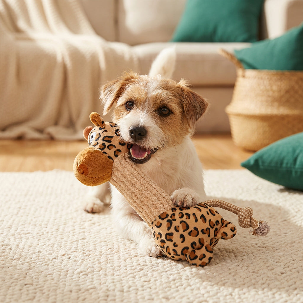 Durable Cotton Rope Teeth Cleaning Plush Dog Toy with Squeaker – Leopard Print