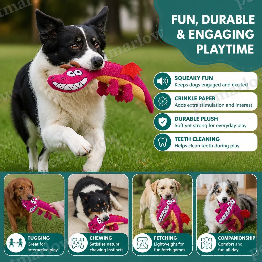 Durable Plush Dragon Dog Toy – Squeaky Crinkle Tug Toy – view 5