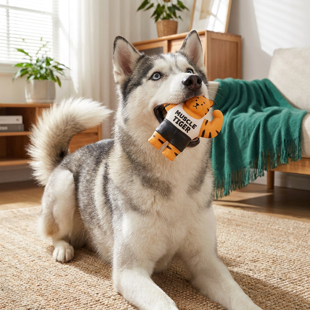 Durable Squeaky Muscle Buddy Dog Toy – Bodybuilder Tiger