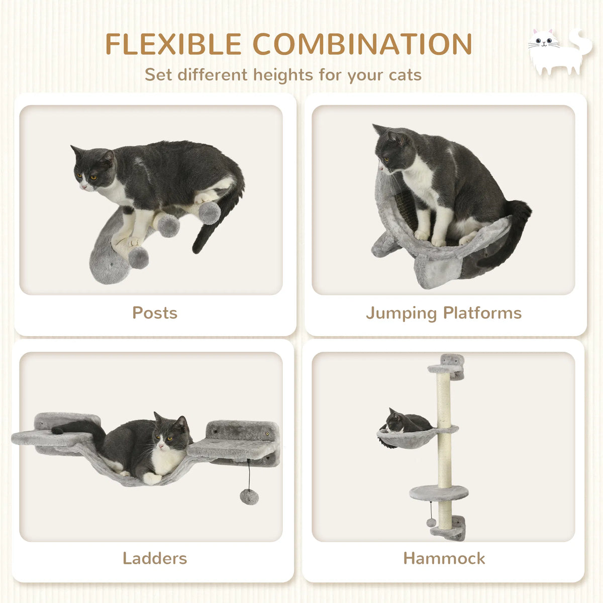Cat Wall Shelf with Scratching Post and Hammock – view 7