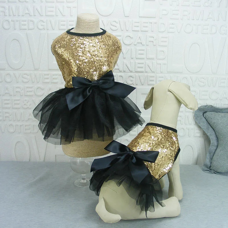 Elegant Dog Dress with Sequins and Tulle Skirt in 2 Colours – Gold / S