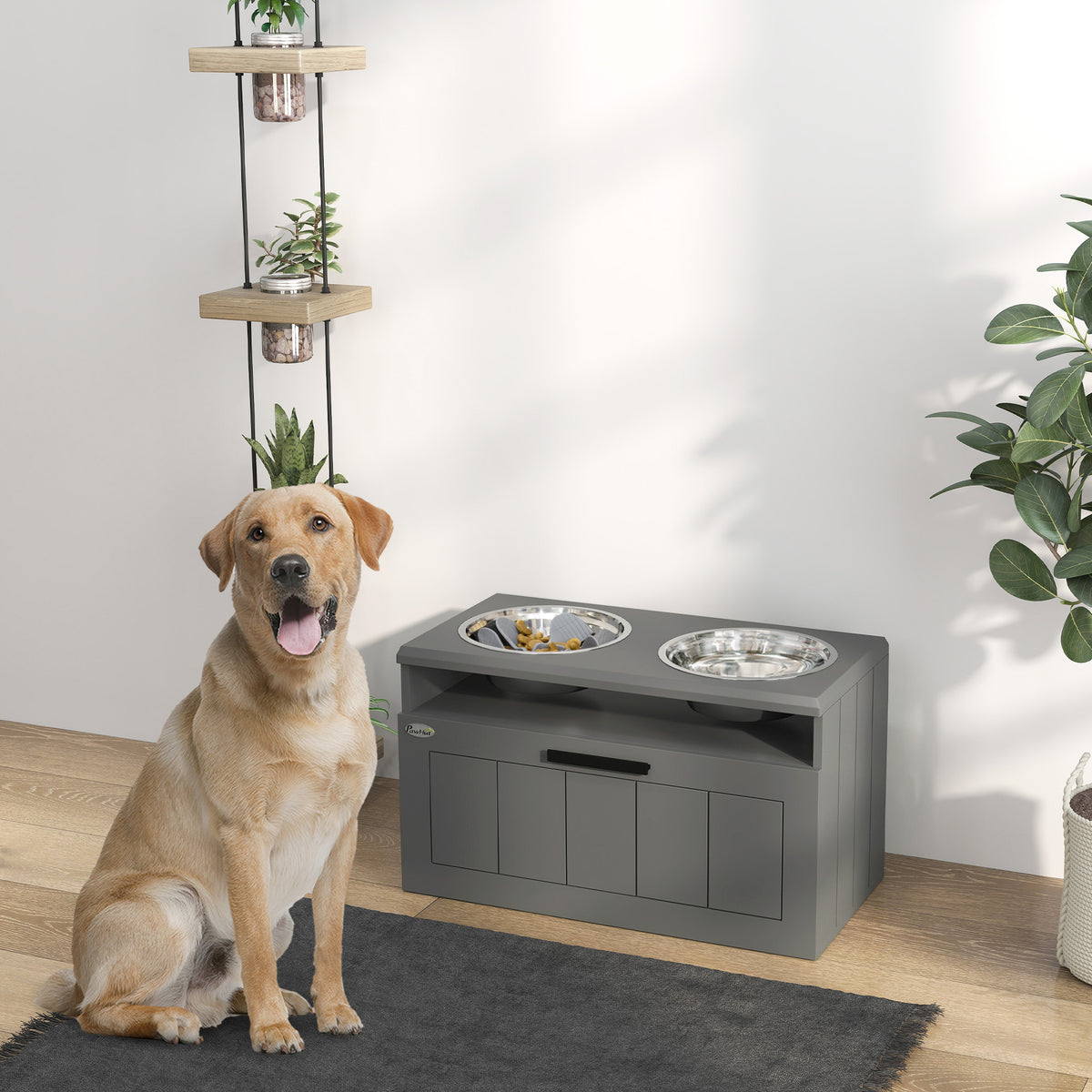 Elevated Dog Bowls with Storage and Slow Feeder Mat