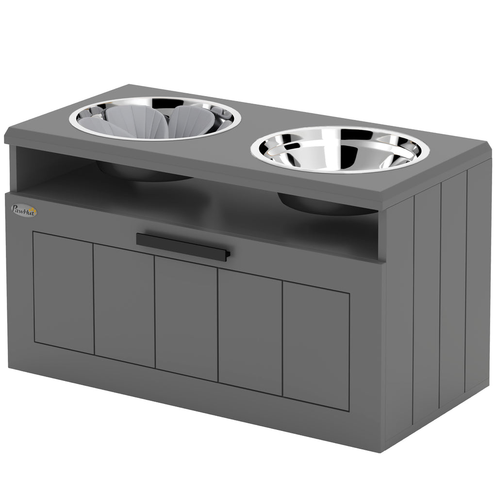 Elevated Dog Bowls with Storage and Slow Feeder Mat – Gray / 700x380x210 mm