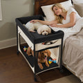 Elevated Lounge Pet Bed With Wheels & Side Bags – Beige