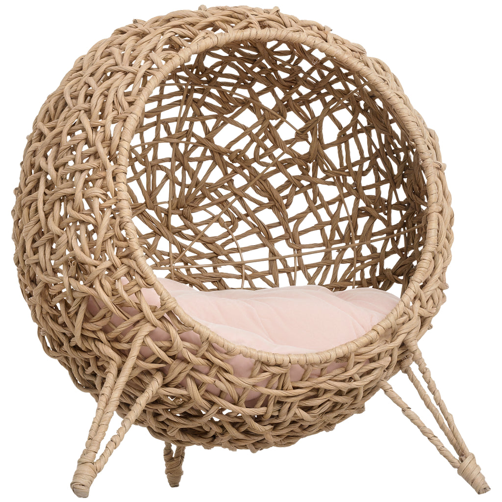 Elevated Weaved Cat Bed with Cushion for Comfort – Beige / 540x460x590 mm