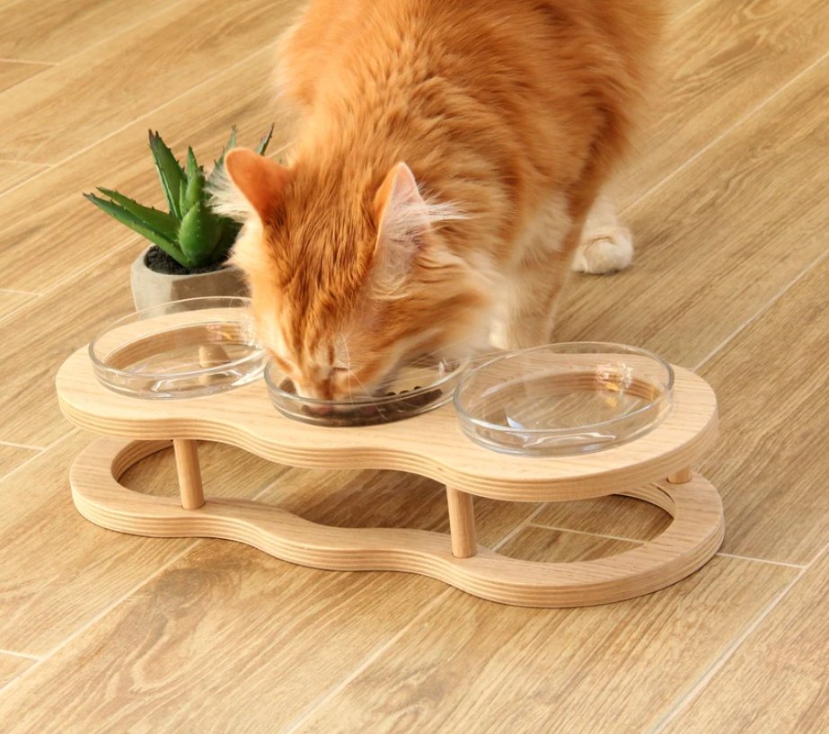 Elevated Wooden and Glass Bowl for Dogs and Cats with Non-Slip Stand