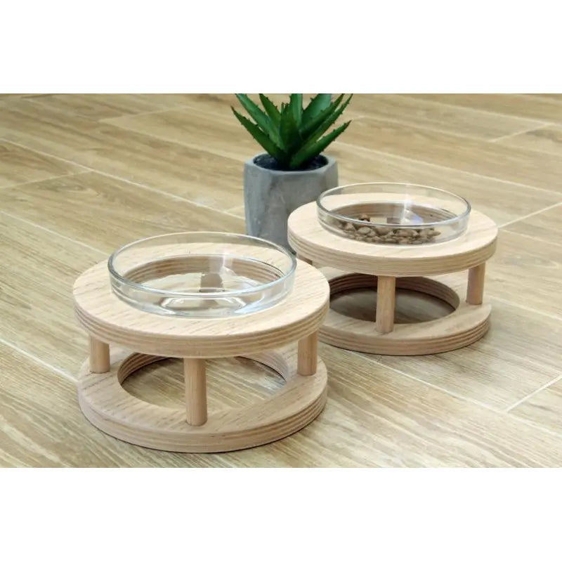 Elevated Wooden and Glass Bowl for Dogs and Cats with Non-Slip Stand – S
