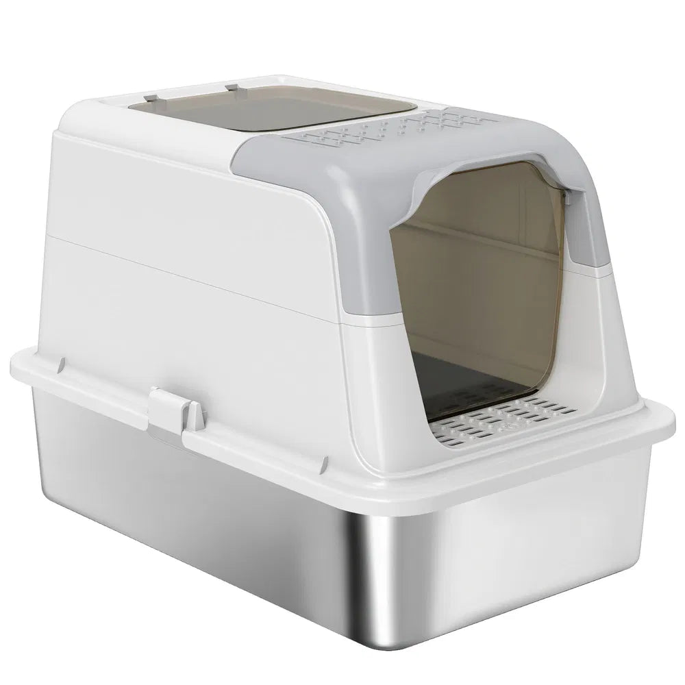 Enclosed Stainless Steel Litter Box for Cats – White
