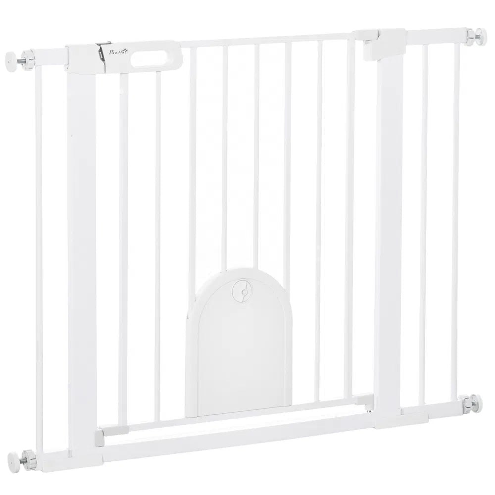 Extra Wide Pet Gate Barrier with Small Door for Dogs – White