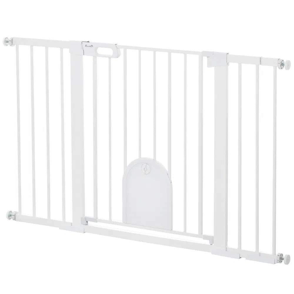 Extra Wide Pet Gate Barrier with Small Door for Dogs – White