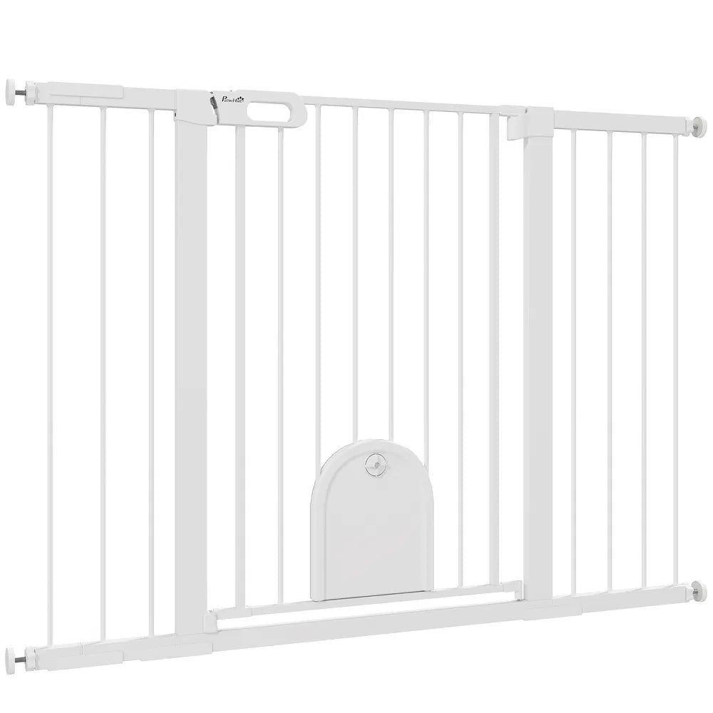 Extra Wide Pet Gate Barrier with Small Door for Safety – White