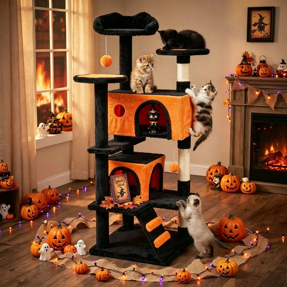 Multi-Level Cat Tower, Cat Tree With Full-Wrapped Sisal Scratching Posts, 2 Condos And Hanging Toy For Multi-Cats And