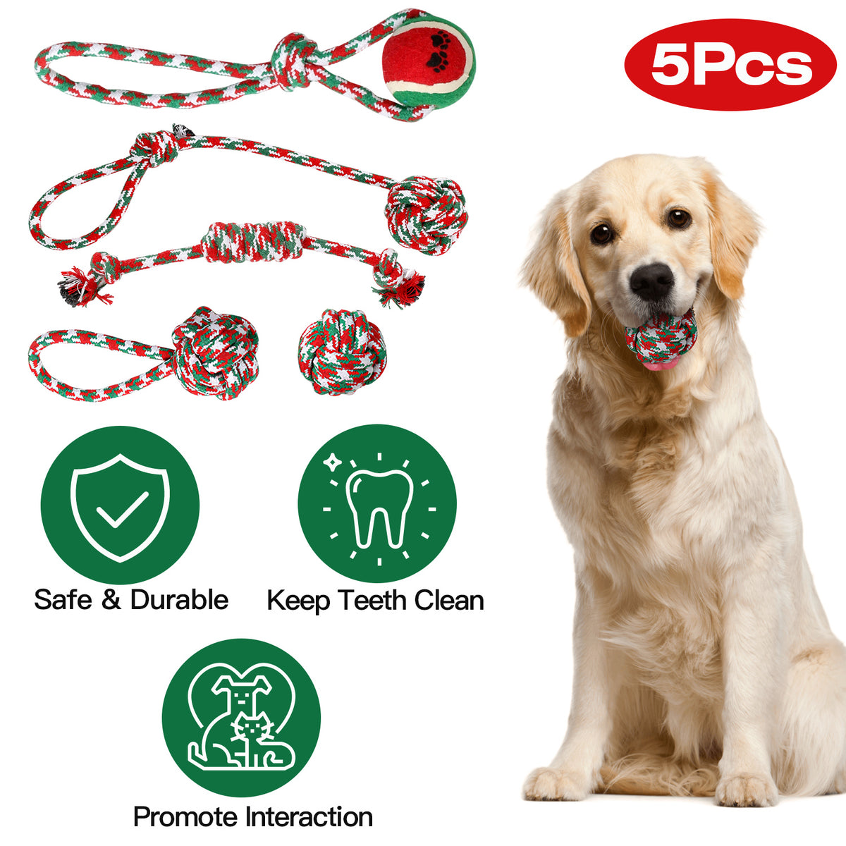 Christmas Rope Chew Toys for Dogs, 5-Pack