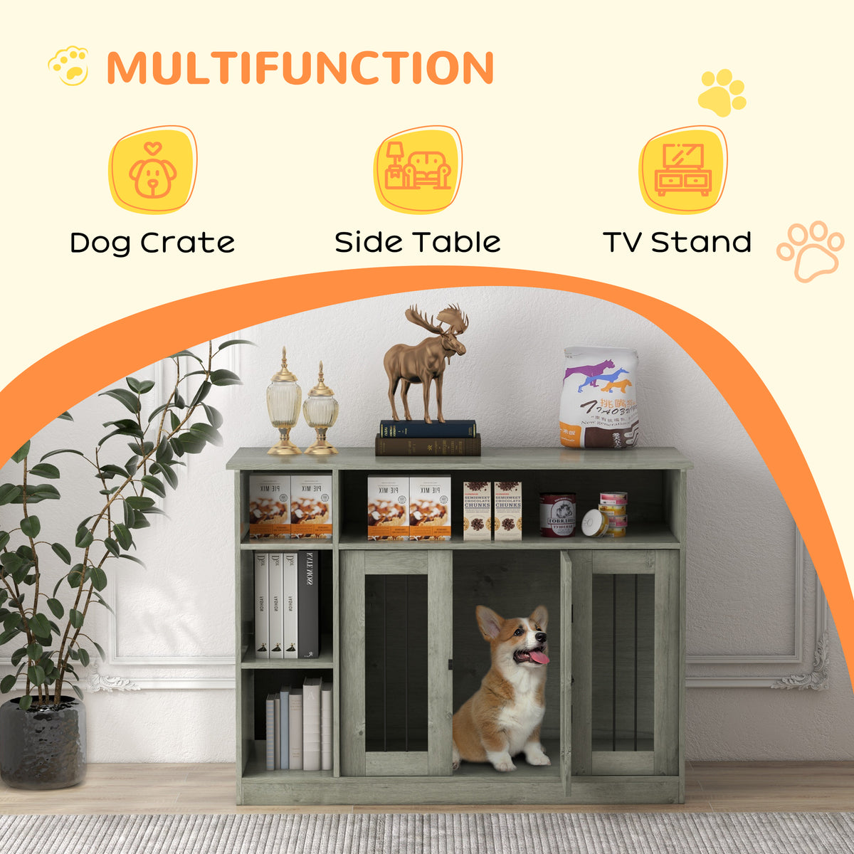 47" Dog Crate Furniture with Storage, for Large Medium Dogs, Gray – view 8