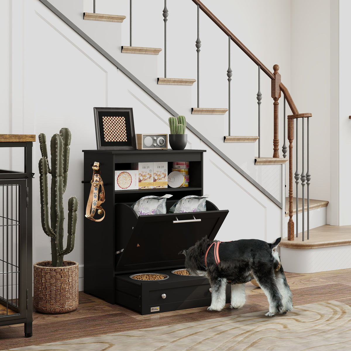 Pet Feeder Station Storage Cabinet with Bowls and Hooks – view 9