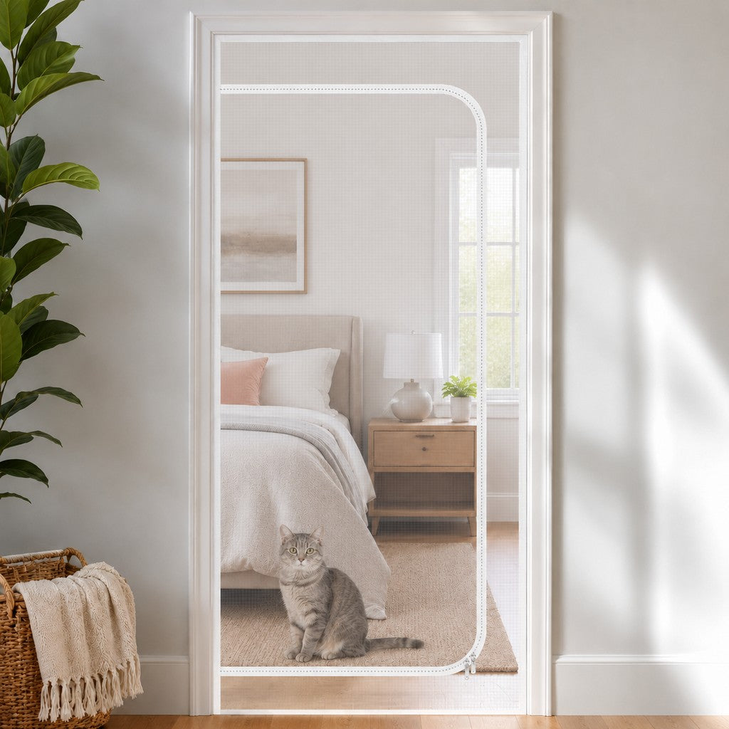 Fine-Grid Dual-Zipper Pet Mesh Door (No-Drill Install) – White Mesh / White Trim / D-Shape / Up to 40 × 83 in