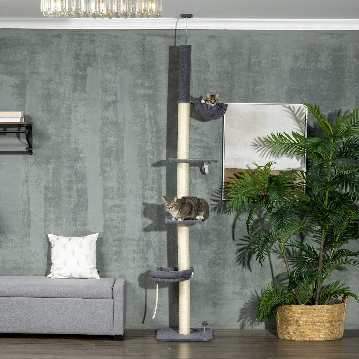 Floor To Ceiling Cat Tree with Adjustable Height and Scratching Areas