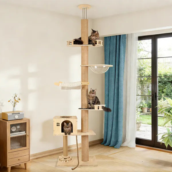 Floor To Ceiling Cat Tree with Adjustable Height and Hammock
